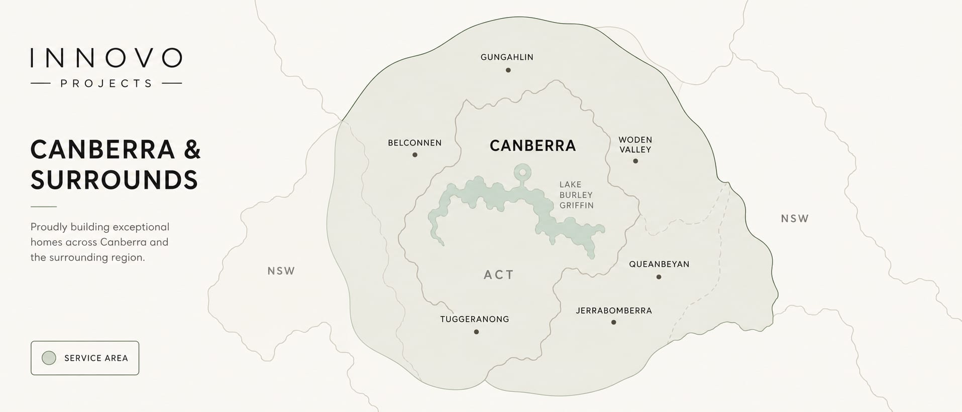 Map of Innovo Projects service area covering Canberra and surrounding ACT suburbs